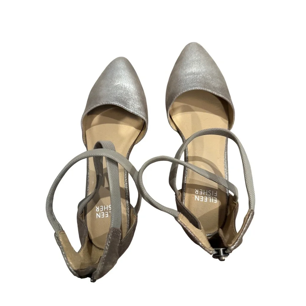 Eileen Fisher Metallic Silver‎ Pointed Toe Ankle Strap Heels Women Size 6.5